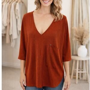 Kerisma Raven Top M/L Rust Red Knit Mercerized Wool V Neck Relaxed Minimalist
